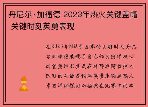 丹尼尔·加福德 2023年热火关键盖帽 关键时刻英勇表现