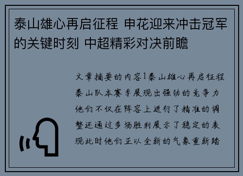 泰山雄心再启征程 申花迎来冲击冠军的关键时刻 中超精彩对决前瞻
